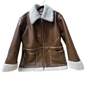 Abercrombie & Fitch NEW Womens Brown Faux Leather Sherpa-Lined Jacket LARGE